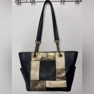 Calvin Klein Hayden Saffiano Leather Black and Gold Patchwork Shoulder Bag